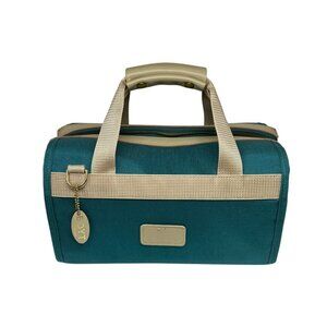 VTG BOYT Canvas Leather Duffle Bag Teal Tan Weekender Travel Tote USA Made Retro